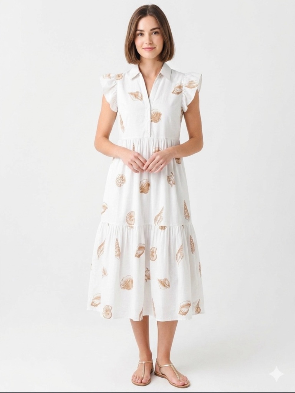 Jane and Delancey White Shell-Print Midi Dress